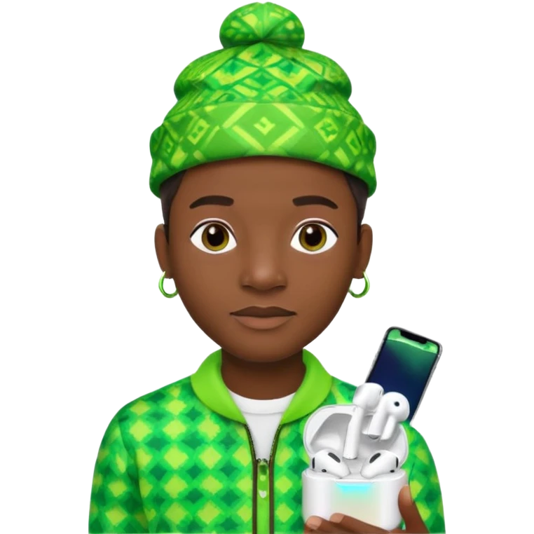 Create me an detailed emoji of a cool Young Nigerian prince wearing a neon green gradient African patterns with  a hat (a Nigerian-inspired patterned hat) and wearing apple airpods emoji