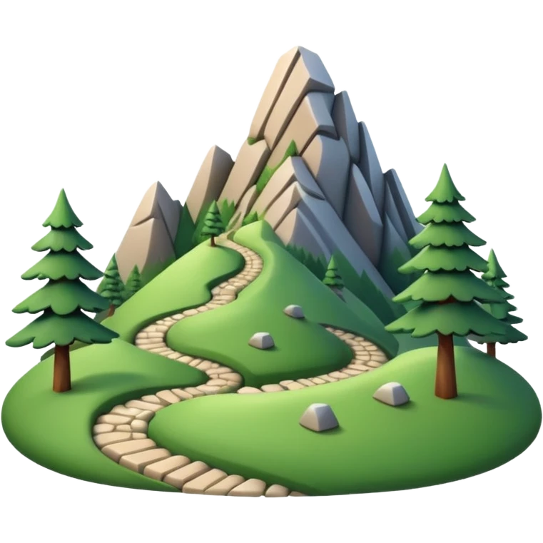 A 3D cartoon mountain trail winding up green slopes with stones and pine trees, distant peaks in background, warm daylight, Memoji-style.A 3D cartoon coiled climbing rope with a carabiner, golden color, resting on a rocky surface, realistic soft shadows, Memoji-style rendering. emoji