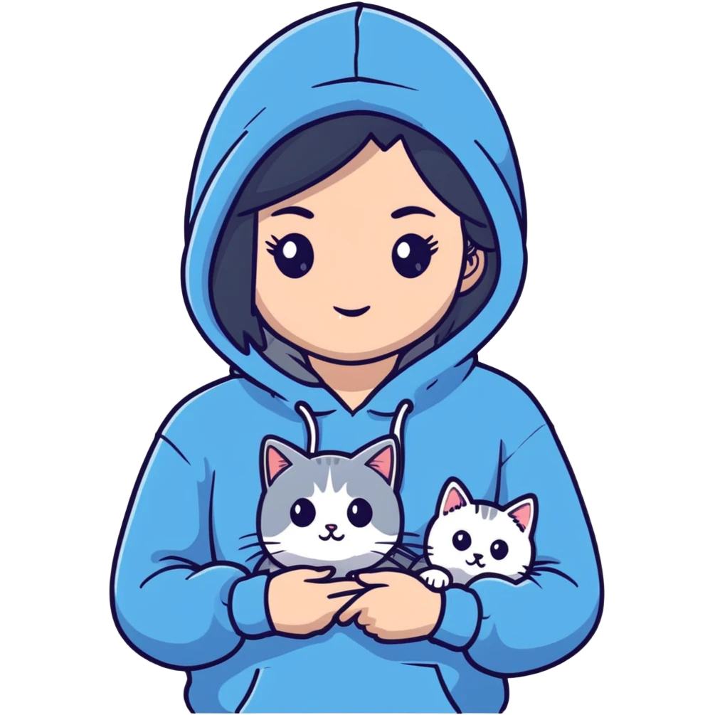 Girl with black hair in gray hoodie with a British shorthair blue and white cat and a long-haired blue and white cat emoji