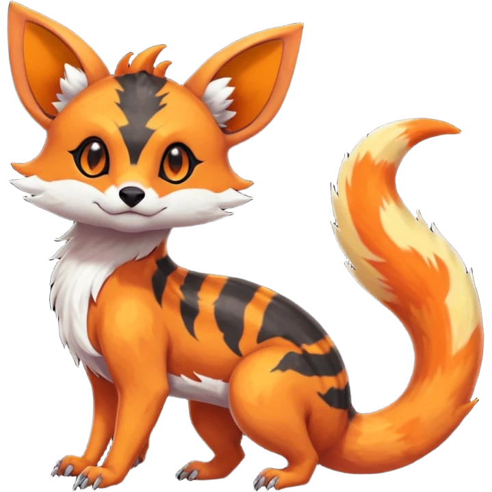 Rare tropical warm-colored exotic cute epic aesthetic colorful Salandit-Eevee-Civet-species-Fakemon-hybrid-creature, with wild fiery markings, full body emoji