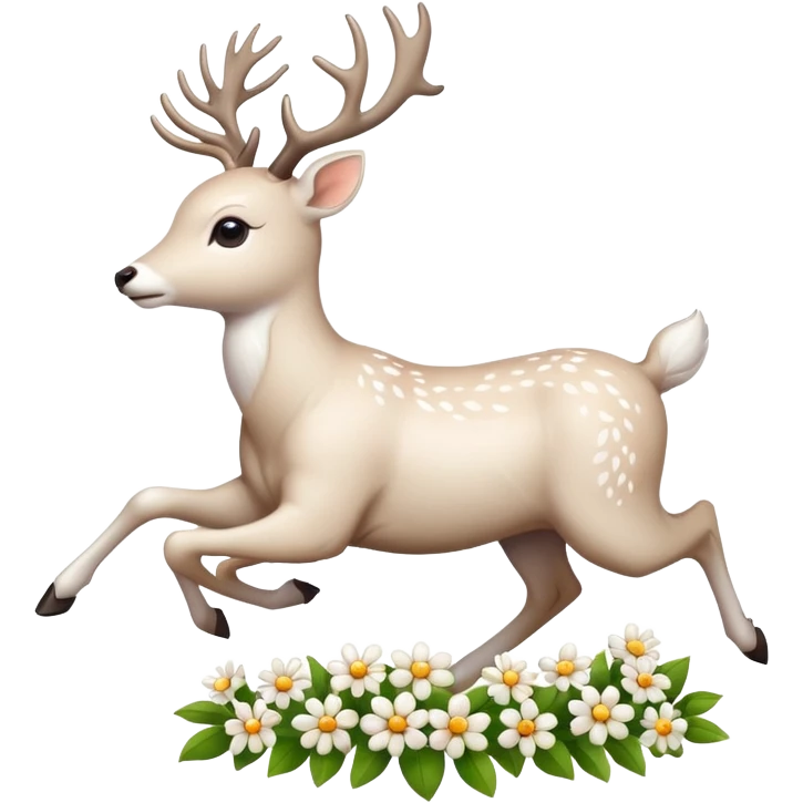 White deer with flowers on his antlers running emoji