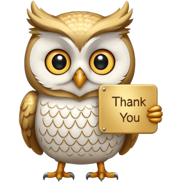 Cute White and gold owl holding a sign that says thank you! emoji