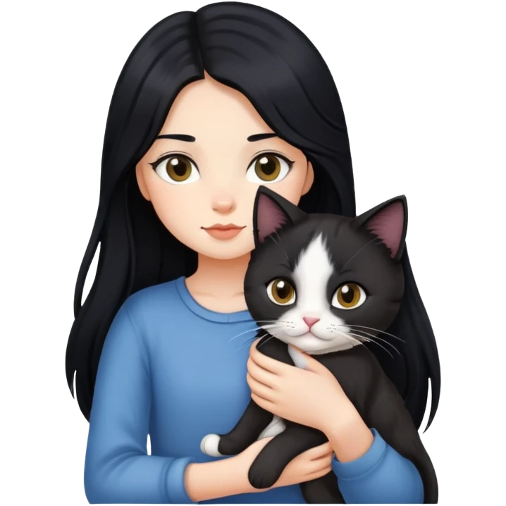 A girl with long black hair holding a Devon cat emoji