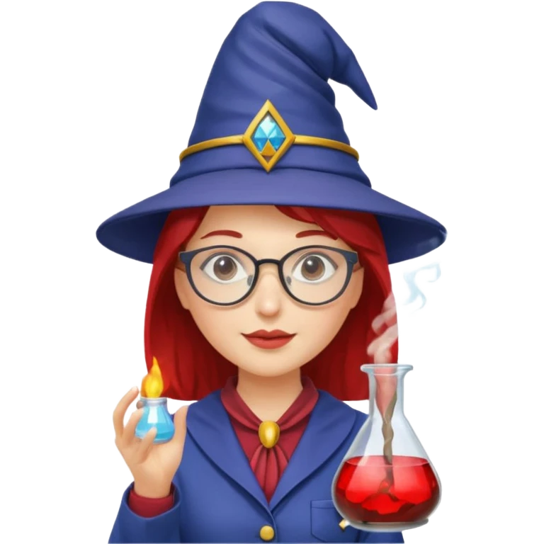woman scientist with glasses, wearing wizard hat custome, with glass vase, red emoji