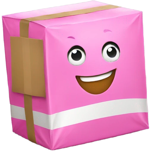 A smiling pink emoji holding a package. emoji