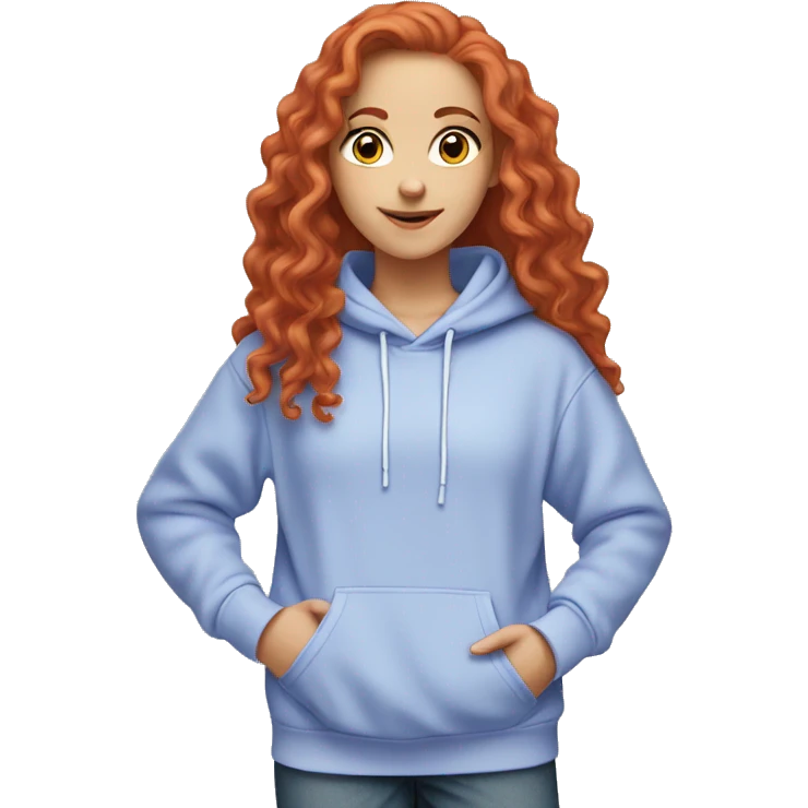 a white girl with long red curly hair, wearing a pastel periwinkle hoodie doing a pose emoji