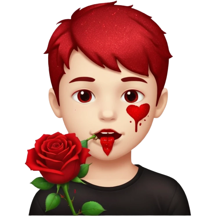 red glitter naughty-looking boy biting a rose in his mouth emoji