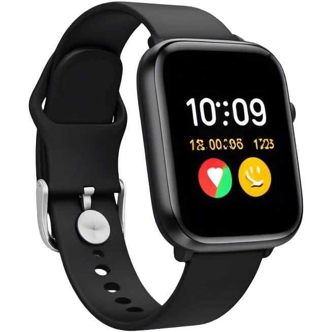 A modern smartwatch, black with a vibrant screen display showing only the time  emoji