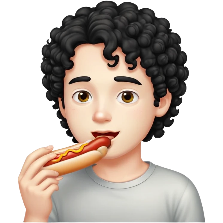 Boy with black curly hair and pale skin sensually eating a hot dog sweat beads red cheeks emoji