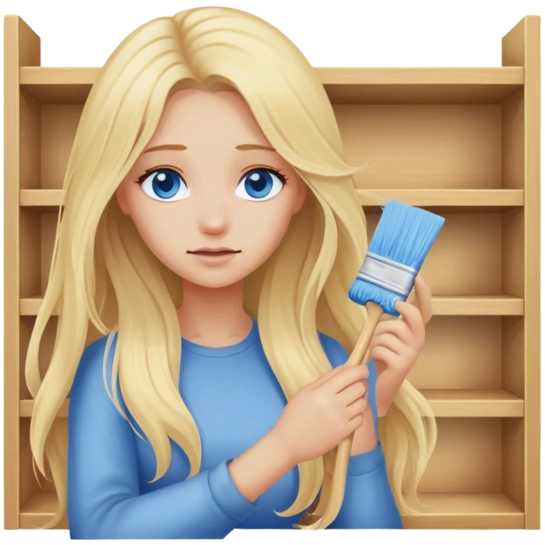 Cinematic realistic blonde with long hair, blue eyes wipes dust from a shelf emoji