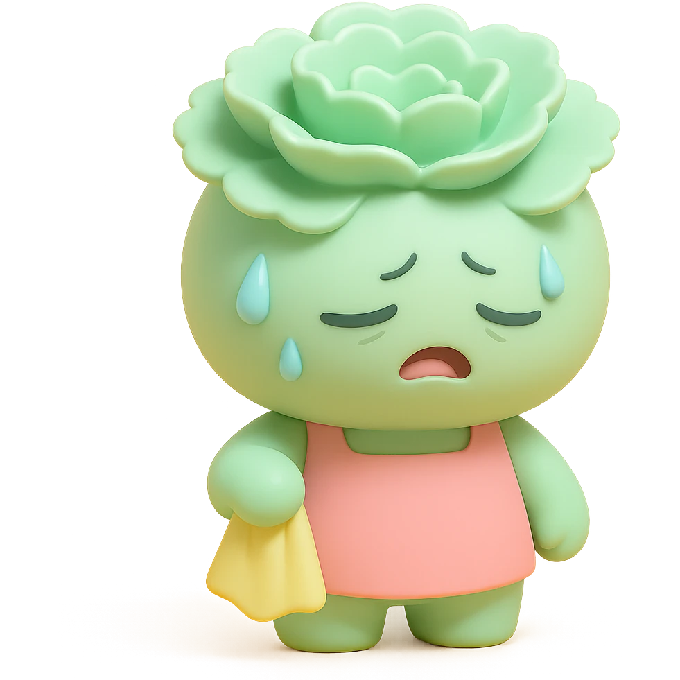 light green carnation flower with a messy apron and exhausted face, sweat dripping, holding a cleaning rag, super round chibi style, vinyl figure style emoji