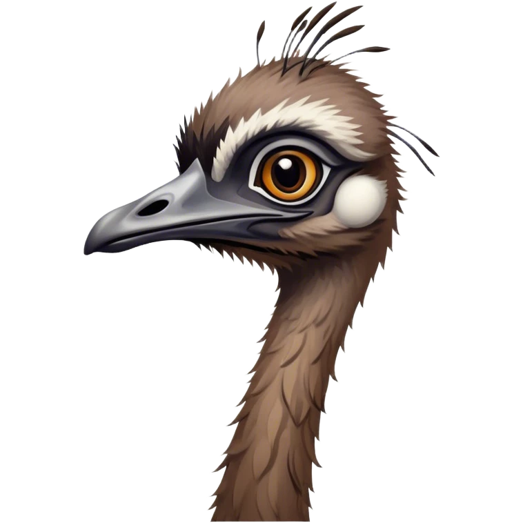 Cinematic Noble Emu Portrait Emoji, Poised and regal, with a tall, slender build and a shaggy, well-groomed fur of earthy brown feathers, a long elegant neck and deep-set soulful eyes, Simplified yet sharp and sophisticated features, highly detailed, glowing with a soft, dignified glow, high shine, intelligent and stately, stylized with an air of outback majesty, focused and attentive, soft glowing outline, capturing the essence of a watchful and confident bird, so majestic it feels as though it could stride out of the screen with effortless authority! emoji