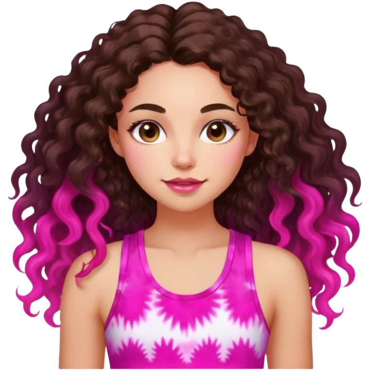 Young adult woman with luminous fair skin, long dark brown curly hair, large almond dark brown eyes, thick lips, wearing bright pink tie-dye tank top, warm friendly expression emoji