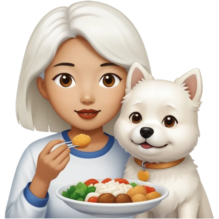 Asian woman sharing food with fluffy white dog emoji