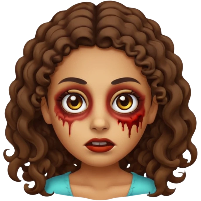 Create a zombie emoji inspired by a young woman with tanned skin, an oval face, large dark eyes, defined eyebrows, a small nose, and medium lips. Her hair should be long, curly, and brown.  emoji
