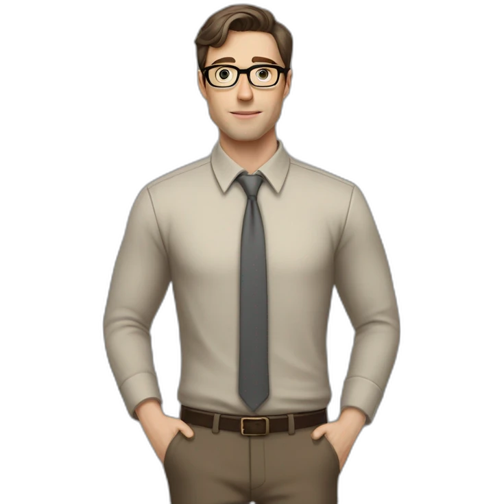 Full height Pale skinned fit man with dark brown hair in gray jacket, beige office shirt, brown tie, brown pants and vintage glasses. His right hand stretched out emoji