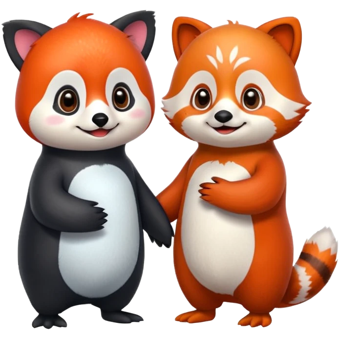 A cartoon  cute one penguin and one red panda  seperste animals note a combination of the animals holding "hands" emoji