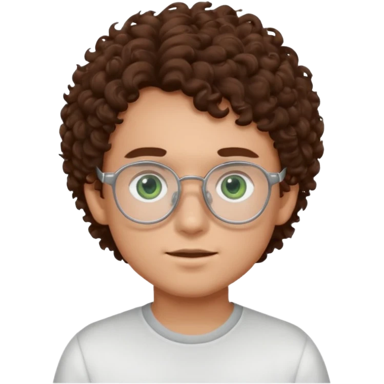 Boy with brown curly hair and dark green eyes in white glasses emoji