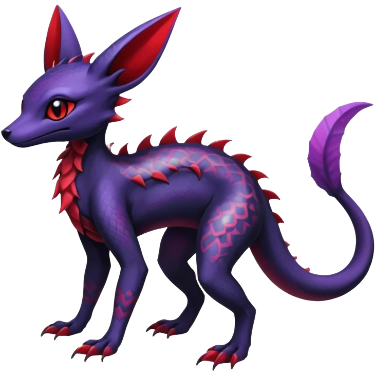 Gothic Black red purple Scaley Exotic Salandit-Umbreon-Suicune-Fakémon-hybrid-creature (full body), 4 legs emoji