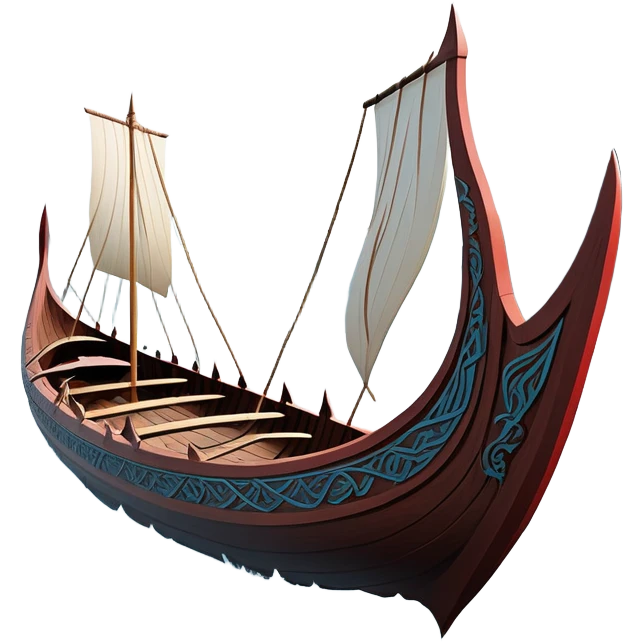clash-of-clans-aesthetic_-cinematic-viking-longboat, rendered in a flat, bold vector style with minimal shading, featuring a striking dragon-headed prow slicing through icy, churning waters. shields on the side and vikings rowing The longboat’s intricately detailed shields and carved motifs evoke a sense of epic adventure and Nordic might, with billowing sails catching a dramatic, stormy sky backdrop. emoji