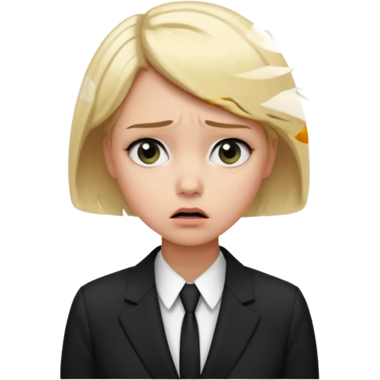 a office woman disappointed and scared now after getting yelled at, short blonde hair with black and white suit emoji