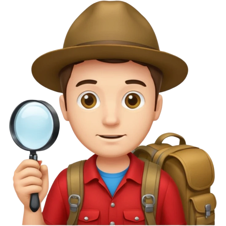 Explorer man with red shirt backpack and magnifying glass emoji
