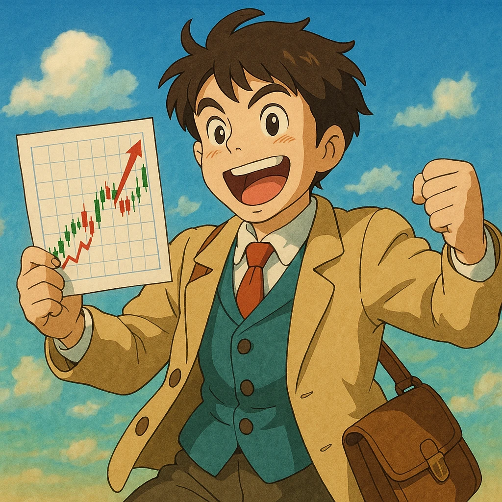 a trader character, anime style, energetic pose, holding a stock chart emoji
