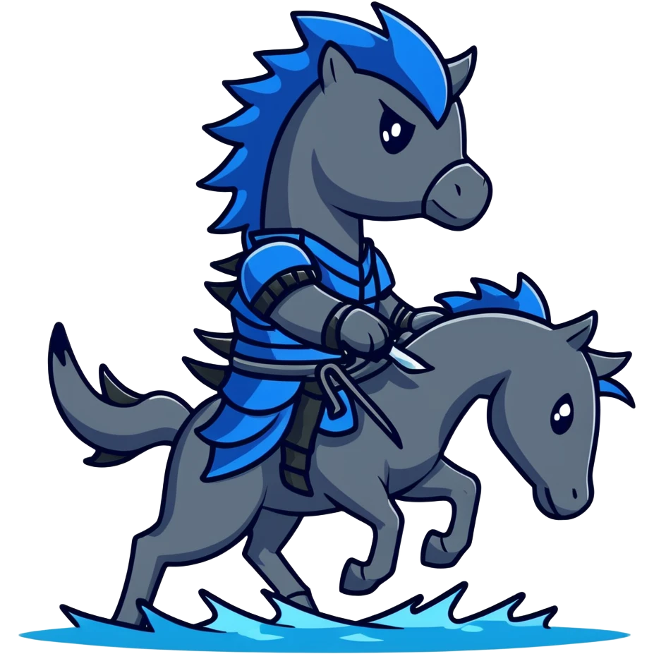 Black ninja water horse with dark blue water elements flowing around it, spiky armor, fierce expression emoji