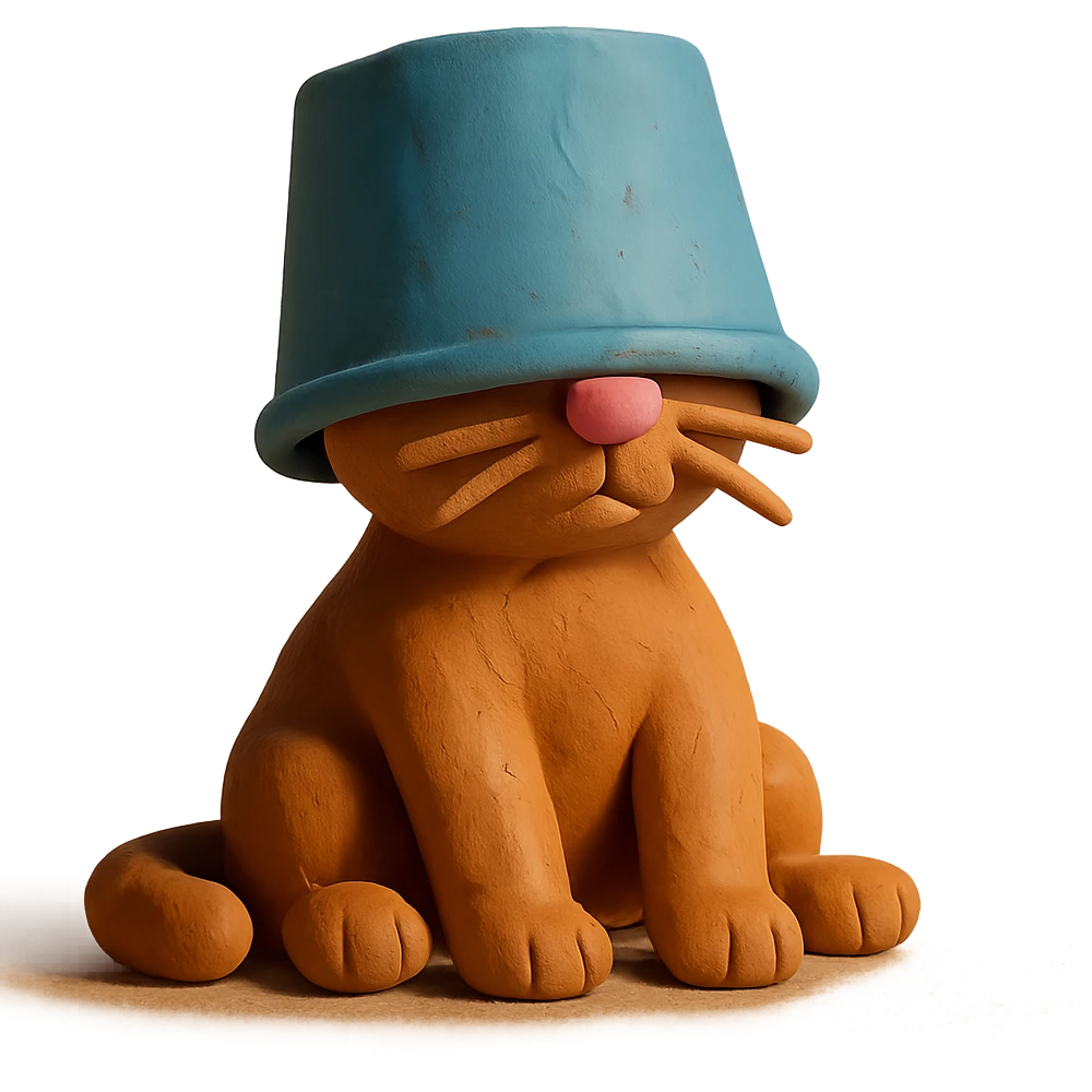 cute cat sitting with a large bucket stuck on its head emoji