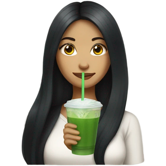 female with long black hair holding an iced matcha emoji