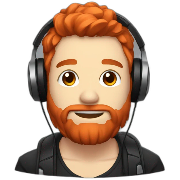 A stocky streamer with headphones, a red beard and black hair emoji
