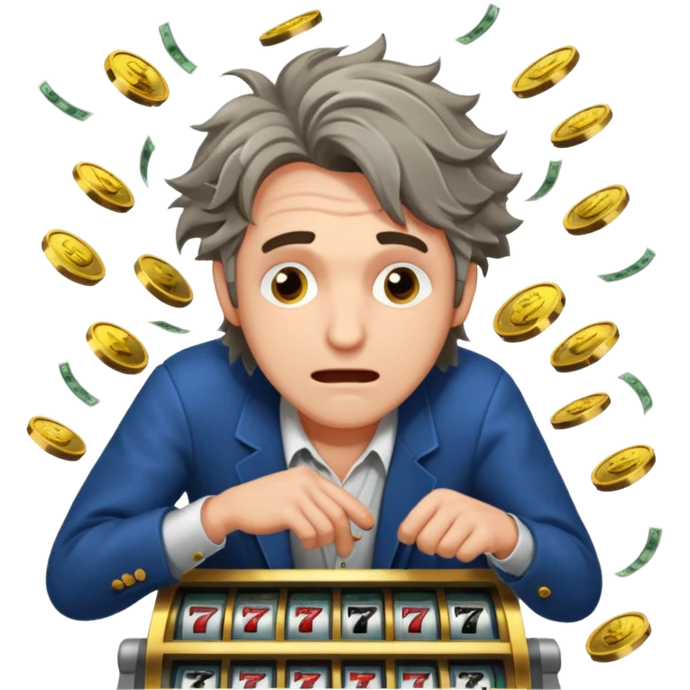 disheveled man losing money at a slot machine, panicked face, coins flying emoji