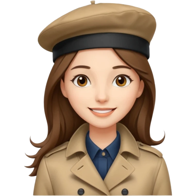 young fashionable woman, long straight brown hair, wearing a trench coat and beret, smiling emoji