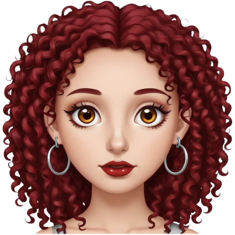olhos castanhos, cabelo vermelho bem escuro cacheado e longo, piercing no nariz, delineado nos olhos e argolas prata emoji
