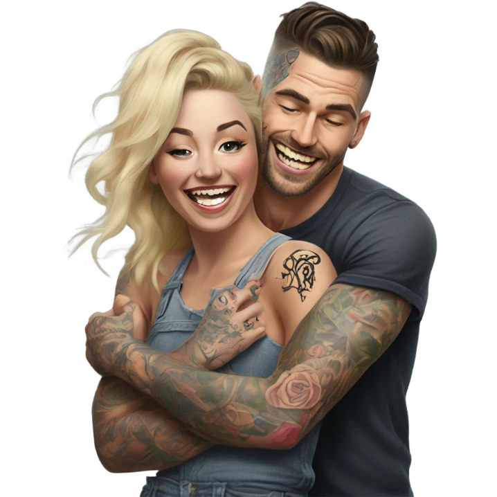 Hyper Realistic beautiful woman getting a piggy back off a handsome tattooed man laughing  emoji