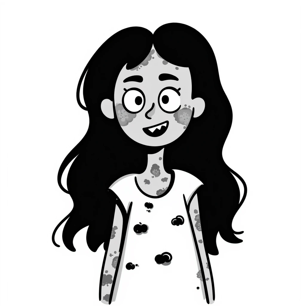 girl zombie with black long hair with teeth and serious face emoji