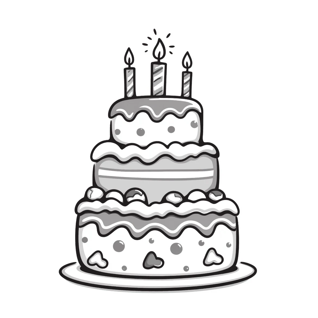 A decorated birthday cake with layers and frosting in pastel colors (dd9fb0, ffc6d3, a3bfc9, c4bee2, f1b091), hand-drawn doodle style emoji
