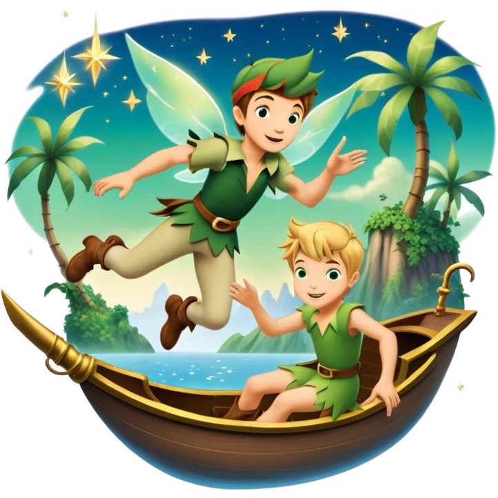 An icon representing an adventure game, inspired by whimsical fantasy. The design features Peter Pan soaring through the sky with Tinker Bell beside him, leaving a shimmering trail of pixie dust. Below, Neverland’s lush jungles and pirate ships create a backdrop of magic, adventure, and endless youth. Transparent background. emoji
