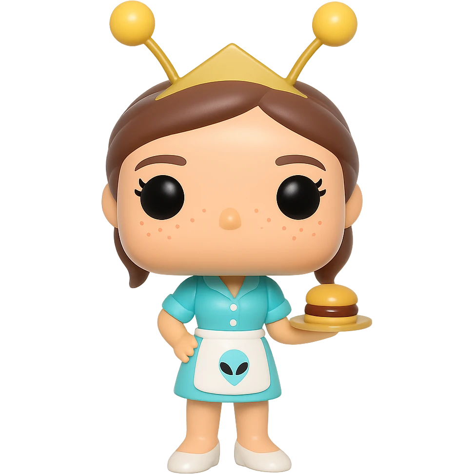 Create a Funko Pop style vinyl figure of Liz Parker from the Roswell series. She is wearing a light blue Crashdown Café waitress outfit with a white apron featuring an alien logo. She has a golden antenna headband, brown tied-up hair, rosy cheeks, freckles, and a friendly expression. She is holding a tray with a hamburger. The background should be transparent. emoji