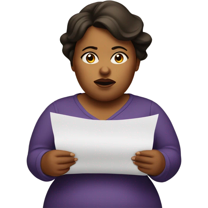 overweight woman with doubts reading a paper in their hands emoji