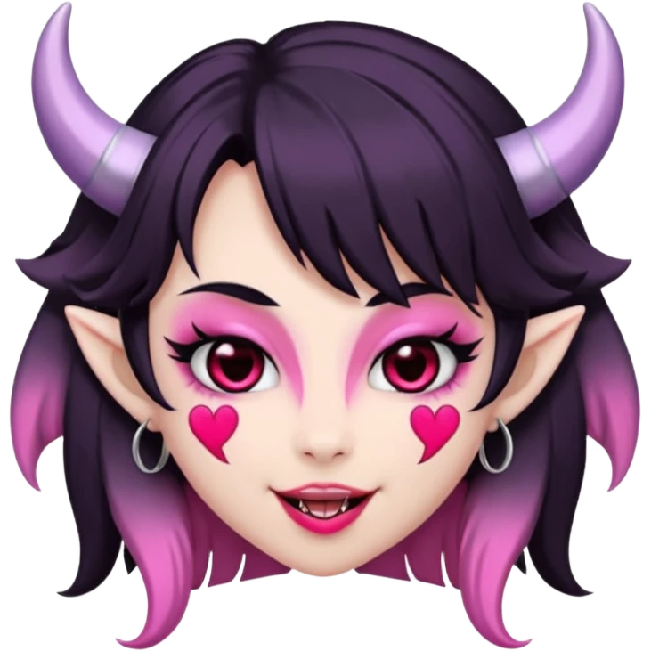 succubus,-pink-irises,-heart-pupils,-black-shaggy-hair,-straight-across-fringe,-grey-skin,-white-horns-curving-towards-forehead,-succubus-horns,-flirty-smile,-full-lips,-black-lips,-cute-fangs emoji