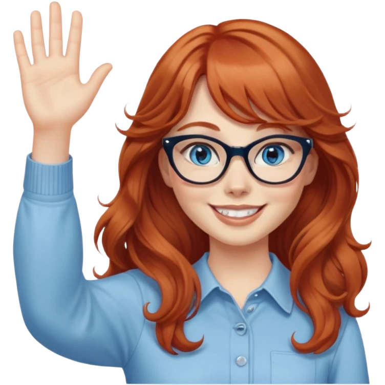 redheaded woman with very long wavy hair and bangs, blue eyes, clear cat-eye glasses, casual chic outfit, smiling, waving emoji