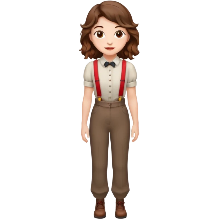 Woman with wavy brown hair and hazel eyes wearing dress pants with red suspenders emoji