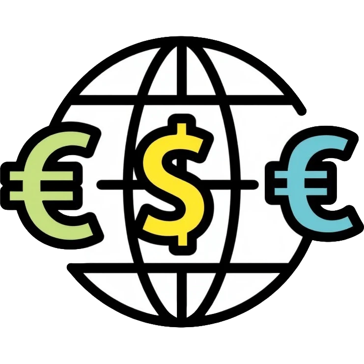Globe with dollar, euro, and yen currency symbols representing global economy and international trade emoji