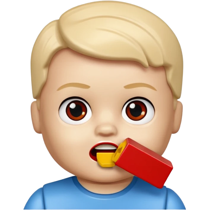 bebe com peça pequena de lego na boca emoji