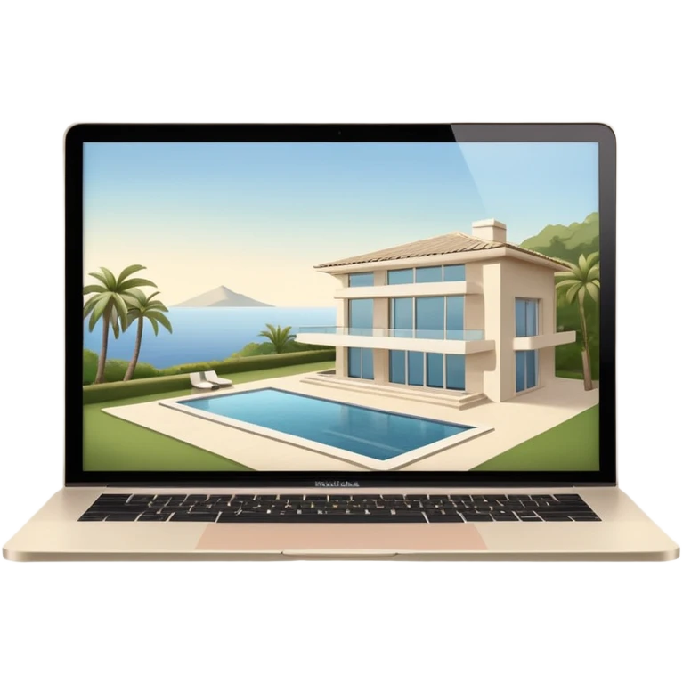 
light beige open macbook sideways with luxury villa on screensaver emoji