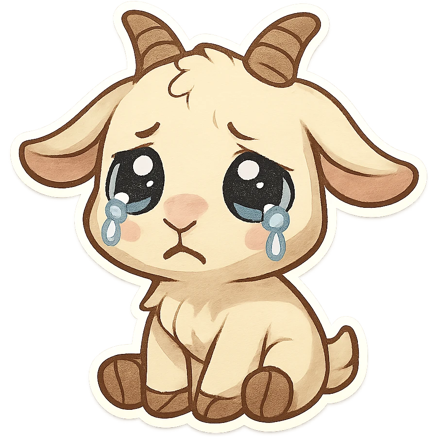 chibi goat, sad, big teary eyes, drooping ears, simple background emoji