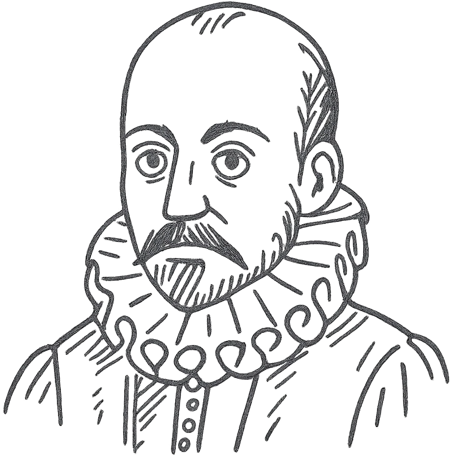 a hand drawn black outline portrait of philosopher Montaigne with similar-sized eyes based a famous portrait of him emoji