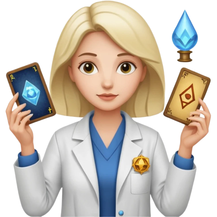 Scientist woman in a lab coat with tarot cards emoji