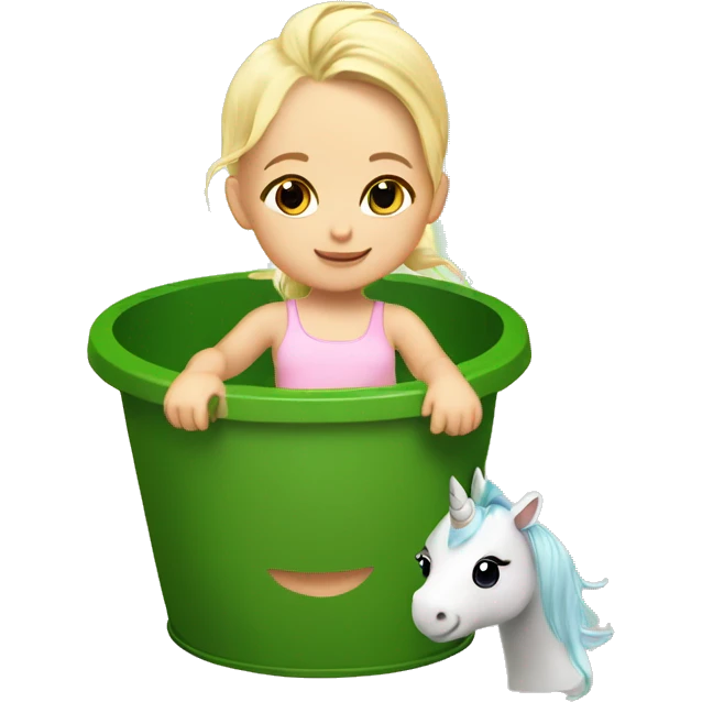 Blonde baby girl, inside of a green bucket riding a unicorn with rainbow hair ￼ emoji
